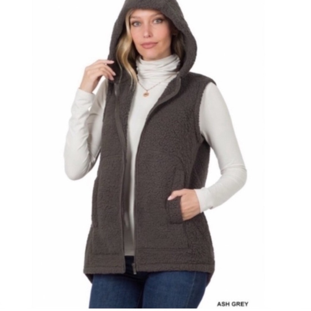 TT: Hoodied Sherpa Vest with Pockets- Ash Gray